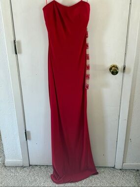 La Femme red strapless prom dress illusion back side with bling high slit Size 2
